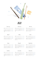 Calendar 2022, 12 months. Week start from Monday. Event planner, organizer, schedule page design, weekly timetable. Oral care, dental hygiene, teeth health, toiletry. Vector flat cartoon illustration