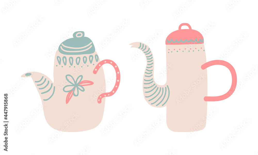 Sticker cute hand drawn teapot or kettle for brewing tea vector set