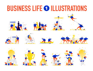Fototapeta premium Illustrations of business situations. The team is solving problems. Creative brainstorming. Achievement and fulfillment of the assigned tasks. Employees of the company. 