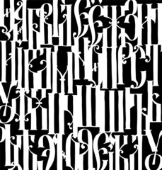 Pattern from the Old Russian font. Cyrillic white letters on a black background. Neo-Russian style of the 17-19th century. Stylized under the Greek or Byzantine high charter. Handwritten.