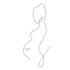Pregnant woman with a heart on her belly. Minimalism style. Design for painting, decor, maternity logo, family planning, clinic, meditsyna, care, tattoo, poster, banner, postcard. Isolated vector