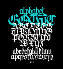 Complete Gothic alphabet. Uppercase and lowercase letters on a black background. Calligraphy. Elegant font for tattoo. Medieval European style. All Latin letters are written with a pen.
