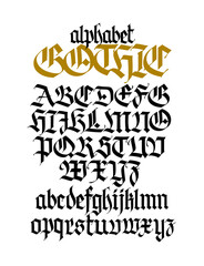 Complete Gothic alphabet. Uppercase and lowercase letters on a white background. Beautiful calligraphy. Elegant font for tattoo. Medieval European style. All Latin letters are written with a pen.