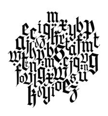 Font composition, medieval gothic.  European modern gothic. Black letters on a white background. Lower case. Ornament for packaging and clothing.