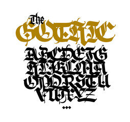 Gothic. Capital black latin letters on a white background. Beautiful and stylish calligraphy. Elegant European typeface for tattoo and design. Medieval Germanic modern style.