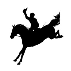 rodeo cowboy rider riding kicking untamed horse - wild west mustang busting black and white vector silhouette design