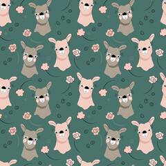 Seamless vector llama pattern with floral elements in a pale pink color palette on a dark aqua background, for various children's designs: textiles, packaging, fabrics, stationery