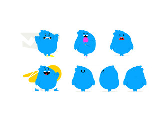 Illustration of a blue kawaii monster. Cute cartoon baby dragon. Toy rubber mascot for the company. Character for animation. Emotions of a good, evil and friendly monster.