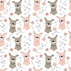 Seamless vector llama pattern with floral elements in a pale pink color palette on a white background for various children's designs: textiles, packaging, fabrics, stationery