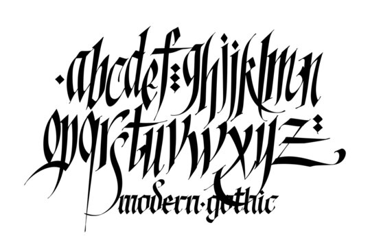 Pseudo-gothic, English alphabet. Font for tattoo, personal and commercial purposes. Letters and elements are isolated on a white background. Calligraphy for inscriptions. All letters are separate. 