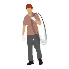 an employee in work clothes, helmet and protective equipment carries a coil of cable on his shoulder. vector flat illustration on a white background.