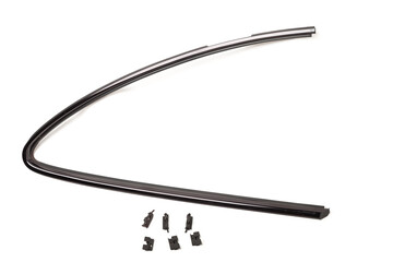 Metal black molding for side door glass in car windows - tuning element for sale in a car service on a white isolated background in a photo studio.
