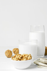 Milk from walnuts and nuts on a white wooden background. Products containing vegetable protein, vitamins, and useful amino acids. For a healthy and vegetarian diet. Copy space.