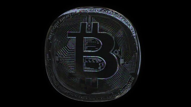 Bitcoin in the shape of a realistic soap bubble moving on a black isolated background and shimmers with the colors of the rainbow. Digital cryptocurrency speculation. 4K high quality 3D animation.