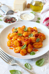 Traditional Italian potato gnocchi with tomato sauce, parmesan cheese and fresh basil. Top view.