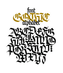 Gothic. Vector. Capital letters on a white background. Beautiful and stylish calligraphy. Elegant font for tattoo. Medieval European modern style. All Latin letters are written with a pen.