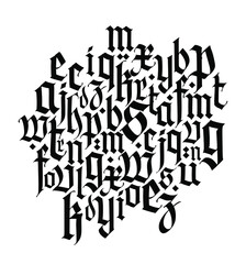 Fototapeta na wymiar Font composition, medieval gothic. Vector. European modern gothic. Black letters on a white background. Lower case. Ornament for packaging and clothing.