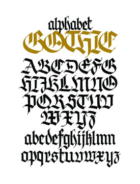 Complete Gothic alphabet. Vector. Uppercase and lowercase letters on a white background. Beautiful calligraphy. Elegant font for tattoo. Medieval European style. All Latin letters are written with a p