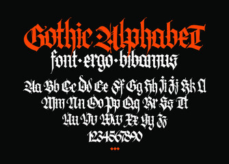 Gothic. Vector. Uppercase and lowercase letters on a black background. Beautiful and stylish calligraphy. Beautiful European font for tattoo. Medieval modern style. Letters and numbers.