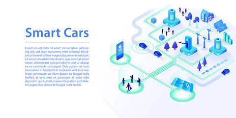 Smart cars concept powered by renewable energy and IT technology. 3d isometric vector infographic in wide web banner style layout