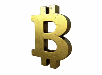 A golden bitcoin sign with scratches 3d-rendering