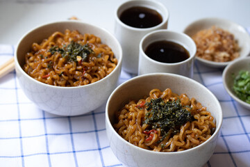 Korean hot and spicy instant noodle and seaweed