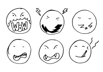 Hand drawn emoticon set, vector on white background.