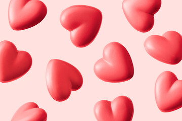 Falling hearts in levitation as a minimal concept of love congratulations on holiday and happiness.
