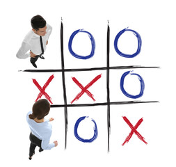 People and illustration of tic-tac-toe game on white background, above view. Business strategy...