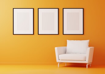 Group of the picture frame on the wall in the modern yellow living room with sofa and furniture. 3d rendering.