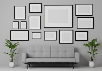 Group of the picture frame on the wall in the modern living room with sofa and furniture. 3d rendering.