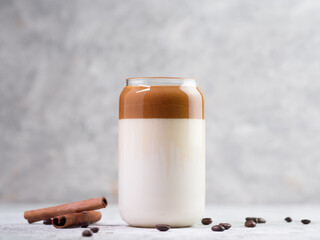 Dalgona coffee. Iced fluffy creamy whipped trend drink with coffee foam and milk. trendy summer cold drink