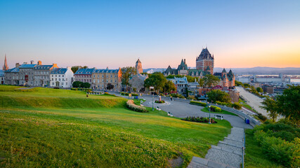 Fototapeta na wymiar Panoramic view of Old Quebec city at daybreak, chateau Frontenac in the background, Quebec, Canada