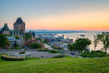 Panorama of Old Quebec city at dawn, chateau Frontenac in the background, Old Quebec, Canada