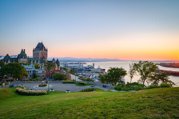 Panorama of Old Quebec city at dawn, chateau Frontenac in the background, Old Quebec, Canada