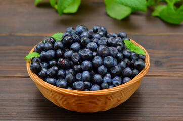 ripe blueberries in a basket close up