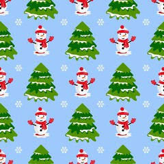 Christmas seamless pattern with fir trees, snowmen and snowflakes. Vector illustration on a light blue background