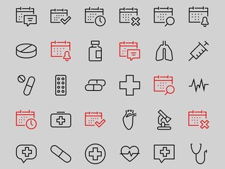 A simple set of medicine ICONS, contains medicine icons, pills, related vector line icons. thin lines, pain, syringe, lungs, microscope, cardiogram, virus and much more. Editable stroke.