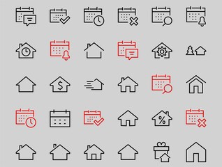 Simple set of line vector home icons. Contains house symbols at interest, infuse house and more. Editable stroke. 480x480 pixels perfect