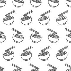 Simple seamless pattern of ramen bowl black line art cartoon style illustration background template vector
