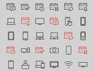Fototapeta na wymiar SMART devices and gadgets linear icons set, vector, contains icons computer, camera, laptop, phone, web devices, electronic appliances, and much more. Editable stroke