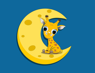 Cute Cartoon baby giraffe on the moon. Perfect for greeting cards, party invitations, posters, stickers, pin, scrapbooking, icons.
