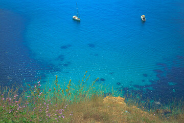 Blue sea, mountains, seascape, beach, blue lagoon. Crimea, Cape Phiolent