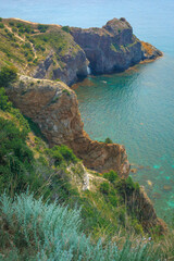 Blue sea, mountains, seascape, beach, blue lagoon. Crimea, Cape Phiolent