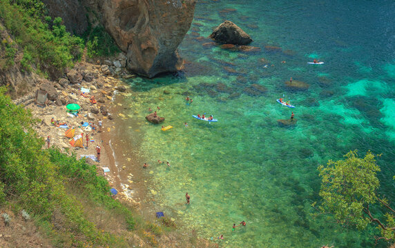 Blue sea, mountains, seascape, beach, blue lagoon. Crimea, Cape Phiolent