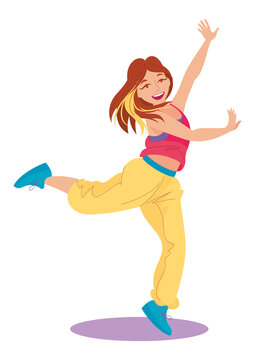 Pretty girl in girl in bright sportswear dancing modern dance in a jump. Dancing club, school, fitness classes. Vector illustration, cartoon character, isolated, icon, simbol, logo, design element