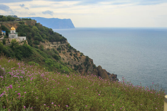 Blue sea, mountains, seascape, beach, blue lagoon. Crimea, Cape Phiolent