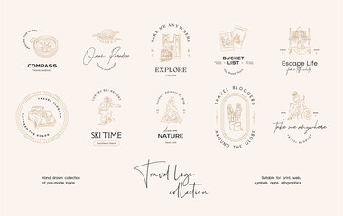 Hand drawn line art minimal travel vector logo design template collection. Illustration of elegant signs and badges for travel agency, photoraphers, travel bloggers.