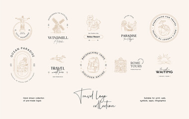Hand drawn line art minimal travel vector logo design template collection. Illustration of elegant signs and badges for travel agency, photoraphers, travel bloggers.