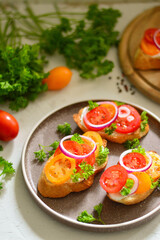 Tasty bruschetta with tomato. Easy cook, nutritious snack. Beautifully decorated catering banquet menu. Food snacks and appetizers for buffet